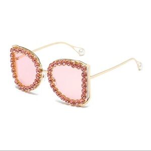 No. 6 Gold Frame Pink Crystal Cat-Eye Sunglasses